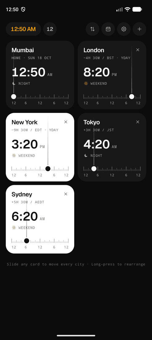 Time Zone Pro on Android: Mumbai, London, New York, Tokyo and Sydney cards