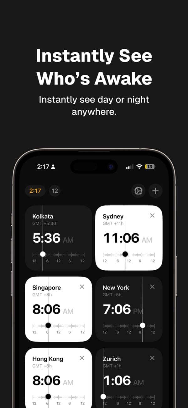 Time Zone Pro on iPhone showing Kolkata, Sydney, Singapore, New York, Hong Kong and Zurich