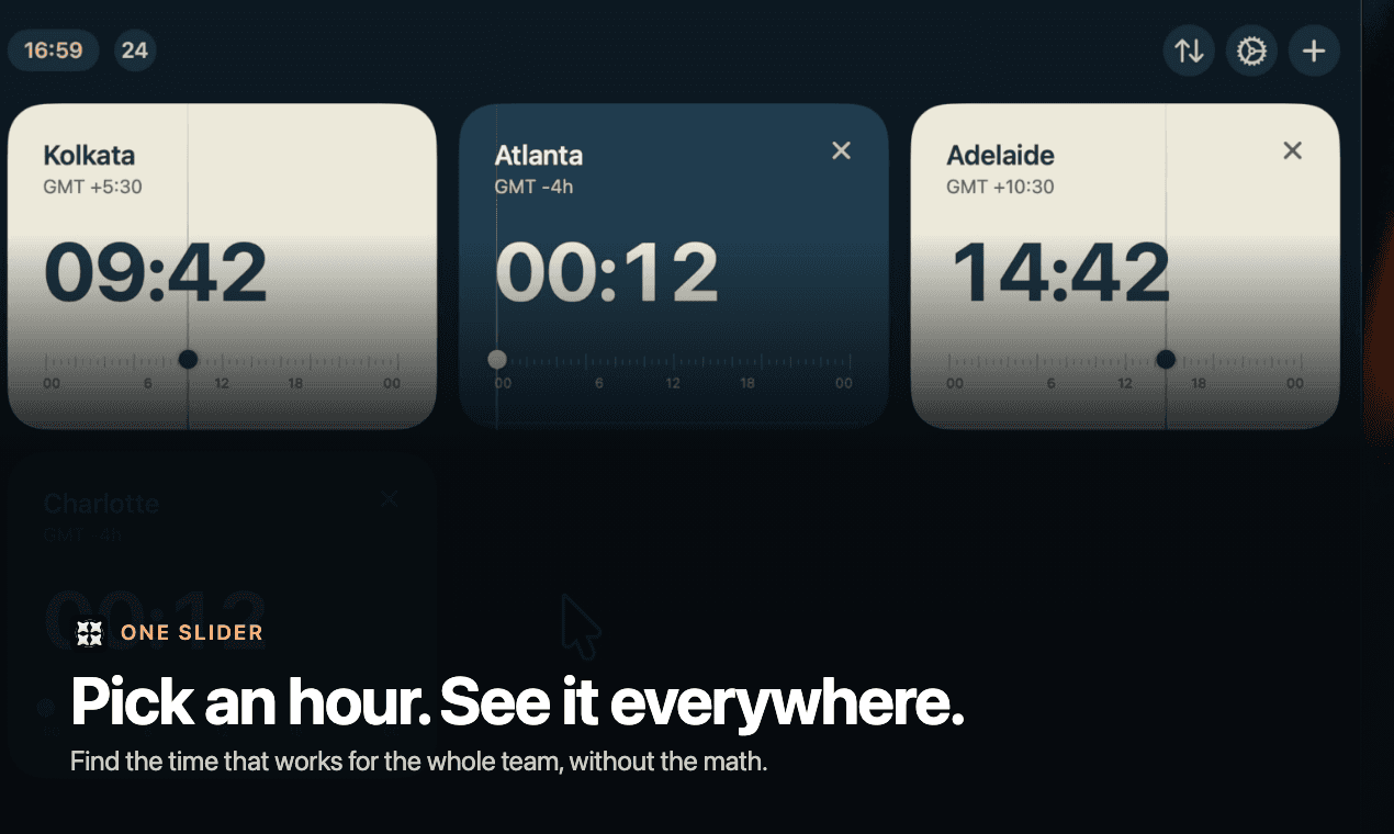 Time Zone Pro on Mac: dragging the Kolkata slider moves Atlanta and Adelaide with it