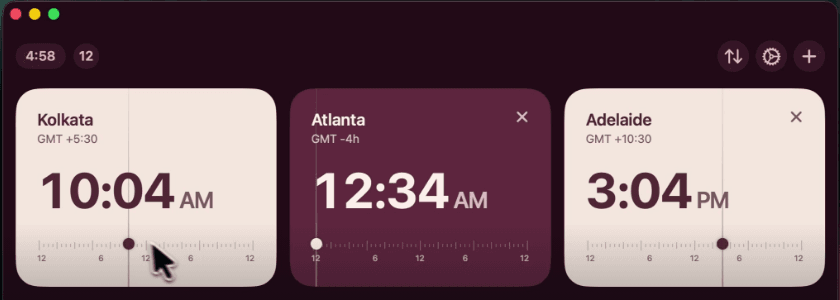 Time Zone Pro on Mac with Kolkata, Atlanta and Adelaide cards