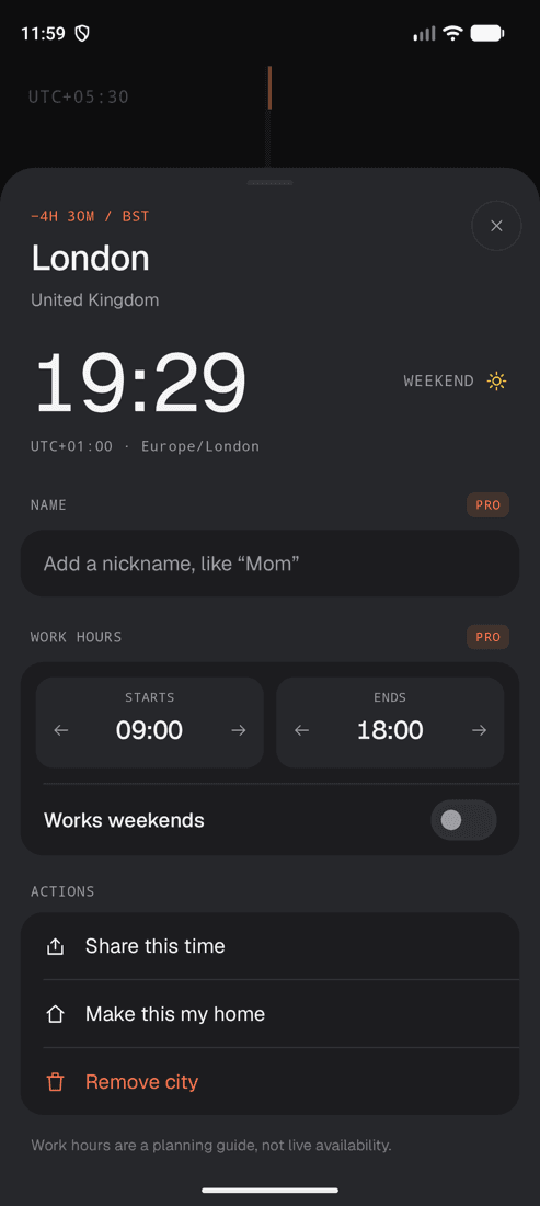 City details with nickname and work hours
