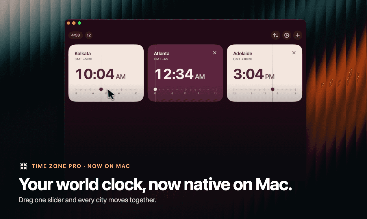 Time Zone Pro on Mac with Kolkata, Atlanta and Adelaide cards