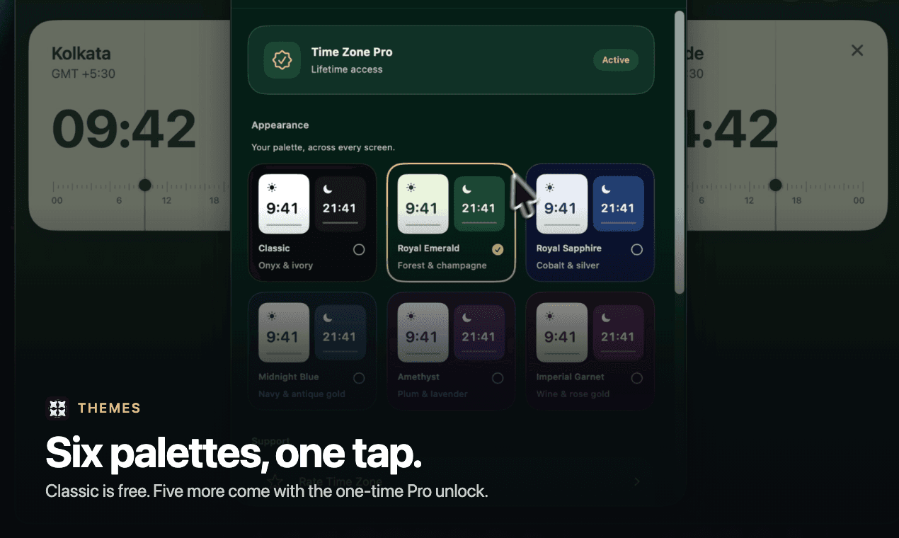 Six palettes in Time Zone Pro for Mac